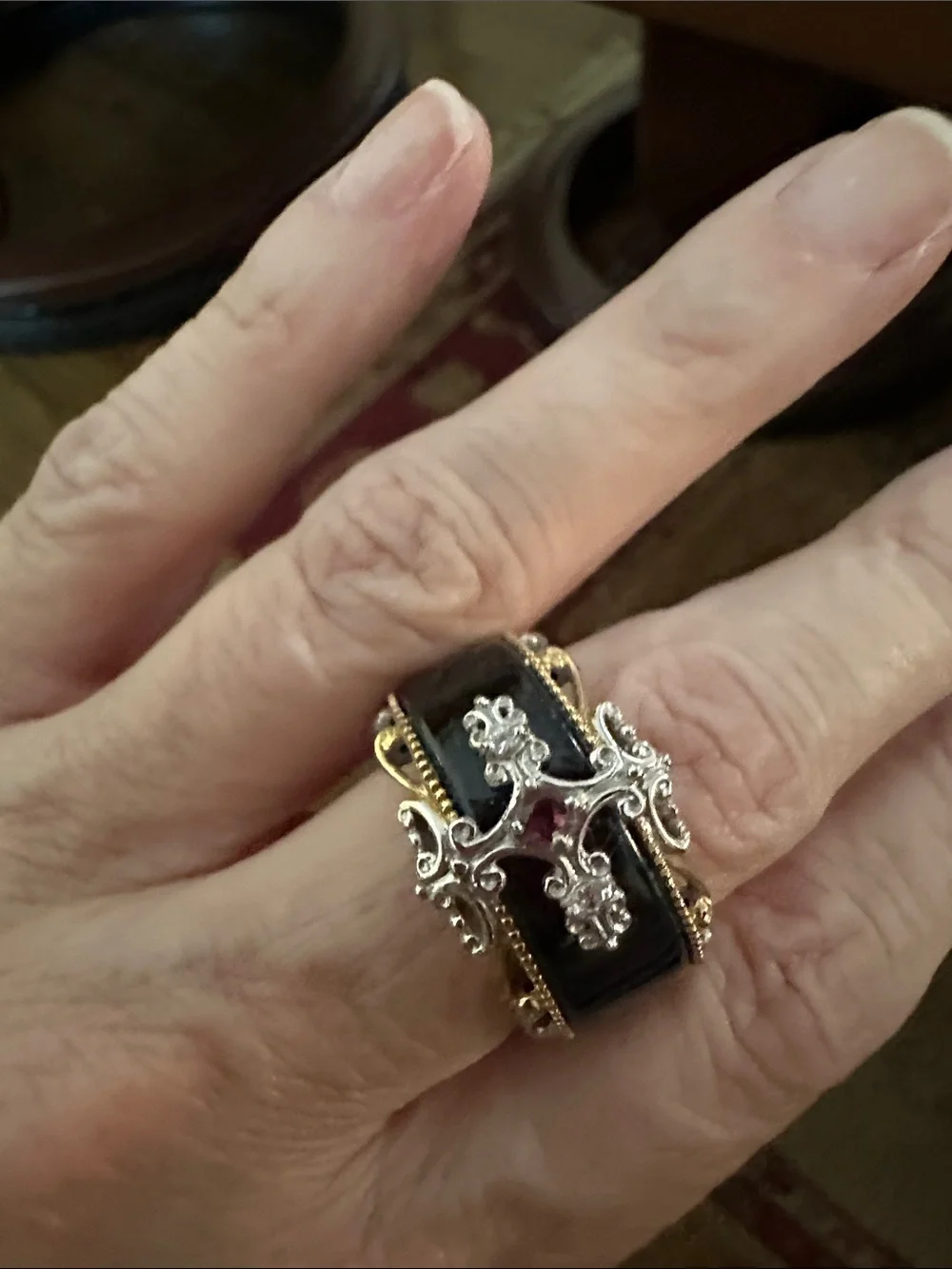 Black Onyx Band Ring with Gold-Tone Rope and Silver Cross Accents